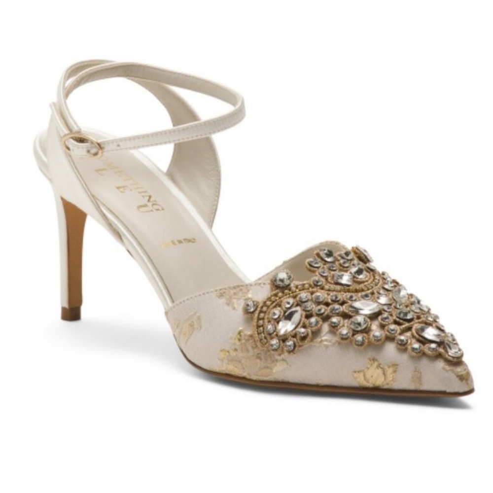 Something Blue Ivory Brocade Lace And Rhinestone Close Toe Emmie Satin Heels